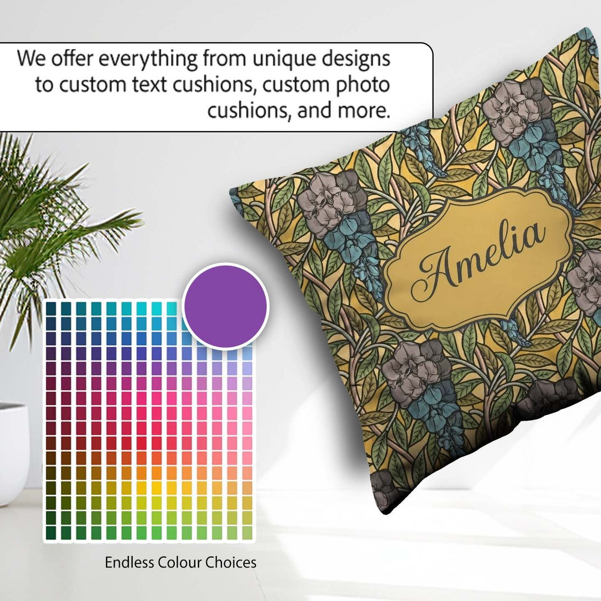 Custom Name Art Nouveau Floral Blue Yellow Seamless Pattern Name Square Filled Cushion Throw Pillow Sofa Bed Home Decor Zip Washable UK Made
