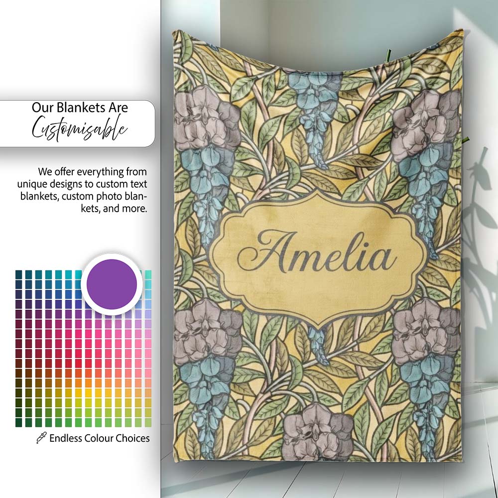 Art Nouveau Floral Blue Yellow Seamless Pattern Name Cute Unique Personalised Custom Name Super Soft Fleece Blanket Bed Sofa Throw