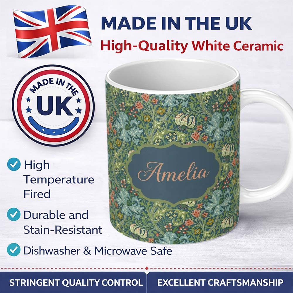Personalized Custom Name Vintage William Morris Style Floral Seamless Pattern Name Cute 11oz Ceramic Coffee Tea Mug White Large Handle