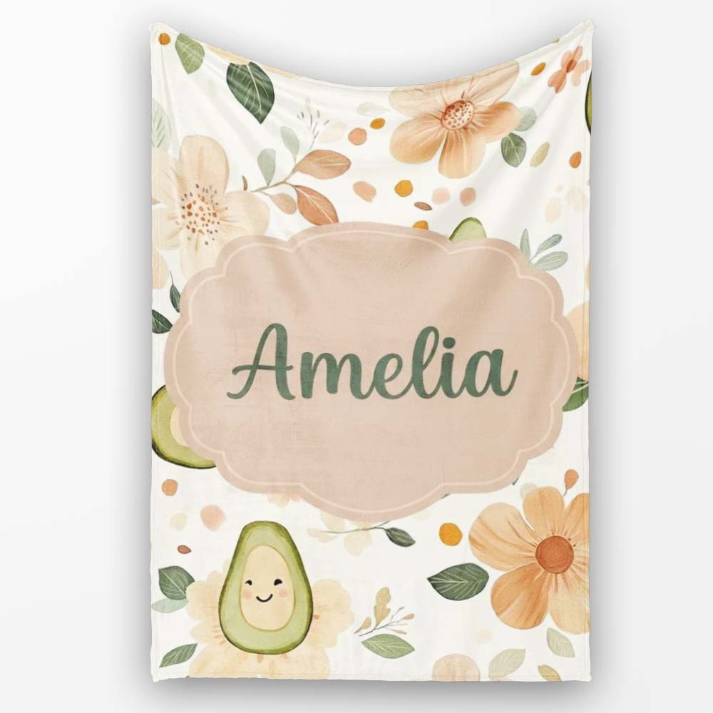 Cute Avocado Floral Pastel Seamless Pattern Unique Gift Personalised Custom Name Super Soft Fleece Blanket Bed Sofa Throw