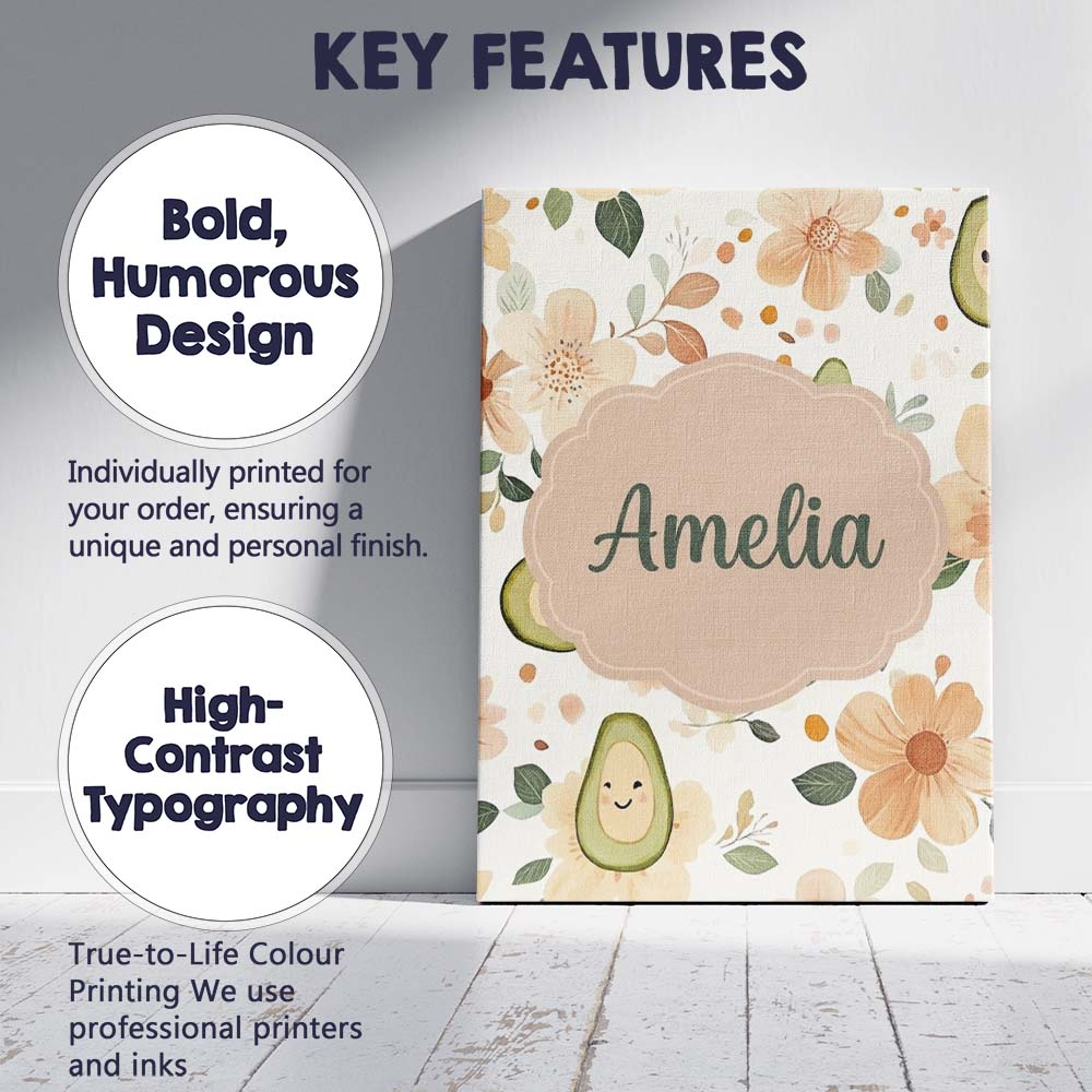 Personalised Name Cute Avocado Floral Custom Modern Room Accent Creative Decorator Style Canvas Wall Art Print Decor Picture Ready to Hang