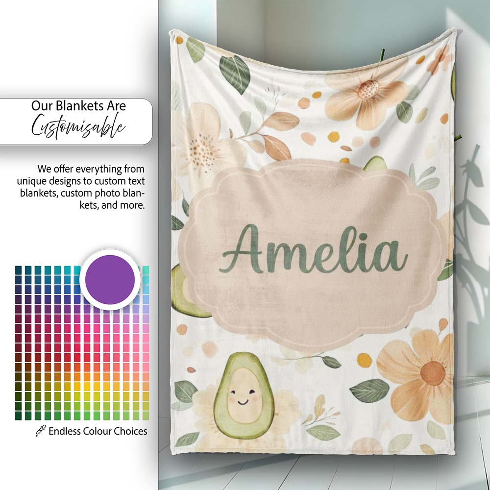 Cute Avocado Floral Pastel Seamless Pattern Unique Gift Personalised Custom Name Super Soft Fleece Blanket Bed Sofa Throw