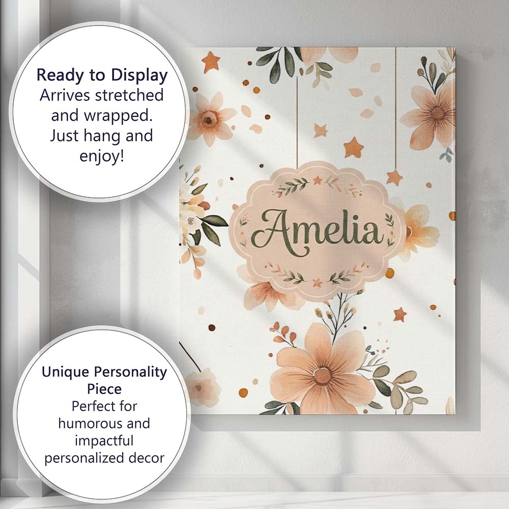 Personalised Name Boho Stars Floral Hanging Custom Bespoke Interior Contemporary Canvas Wall Art Print Decor Picture Ready to Hang