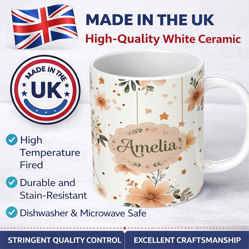 Personalized Custom Name Boho Stars Floral Hanging Elements Seamless Pattern Name Cute 11oz Ceramic Coffee Tea Mug White Large Handle
