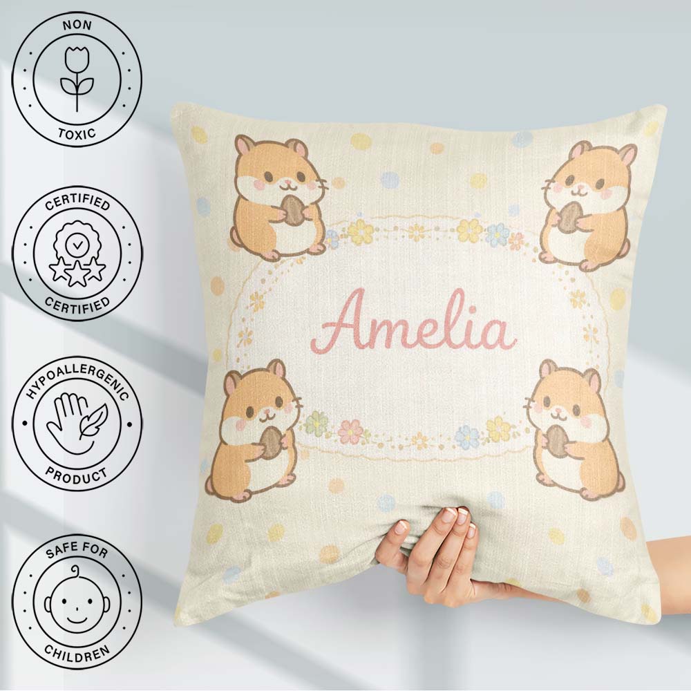 Custom Name Cute Hamster Cartoon Animal Pattern Perfect for Her Square Filled Cushion Throw Pillow Sofa Bed Home Decor Zip Washable UK Made