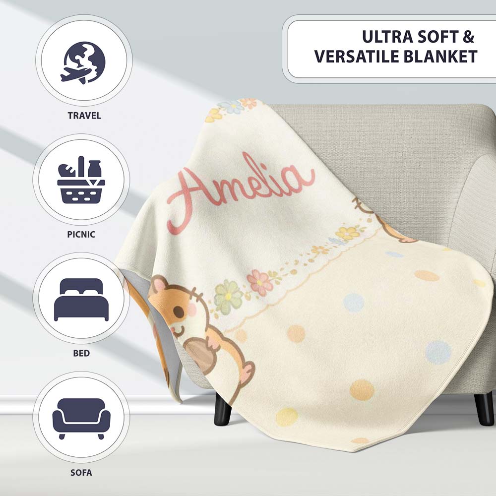 Cute Hamster Cartoon Animal Pattern Perfect Gift for Her Lovely Personalised Custom Name Super Soft Fleece Blanket Bed Sofa Throw