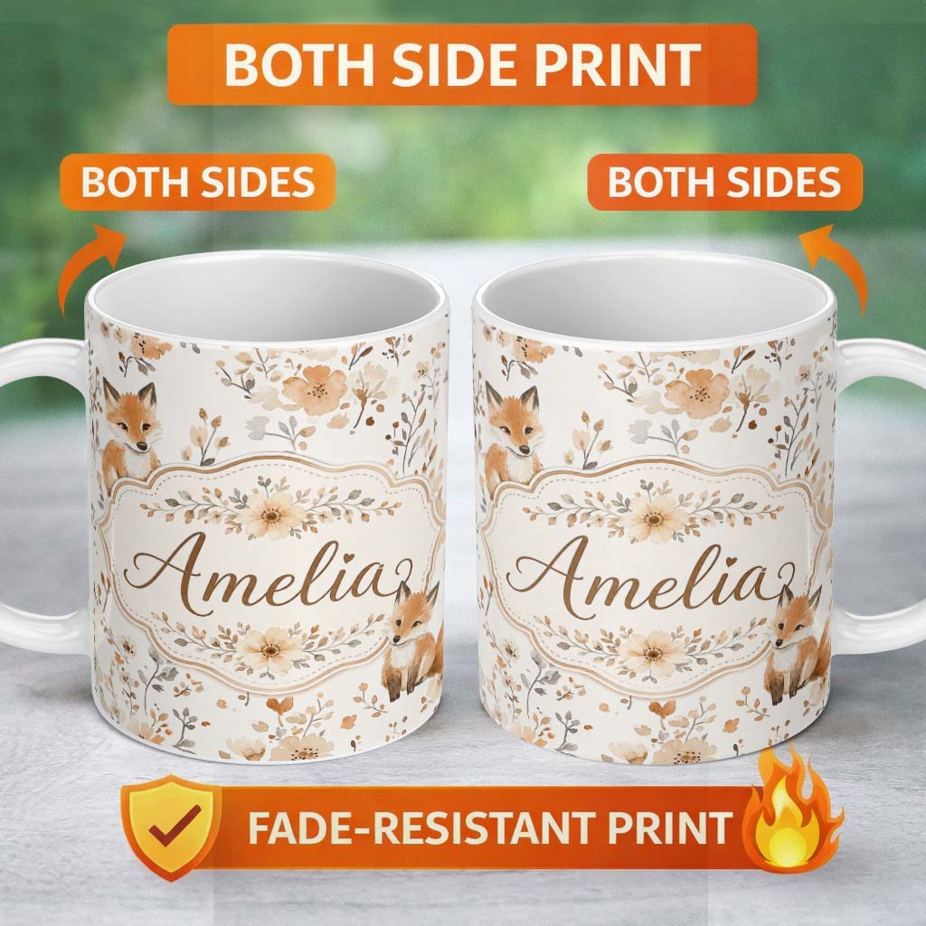 Personalized Custom Name Cute Fox Woodland Floral Seamless Pattern Name Unique Gift Lovely 11oz Ceramic Coffee Tea Mug White Large Handle