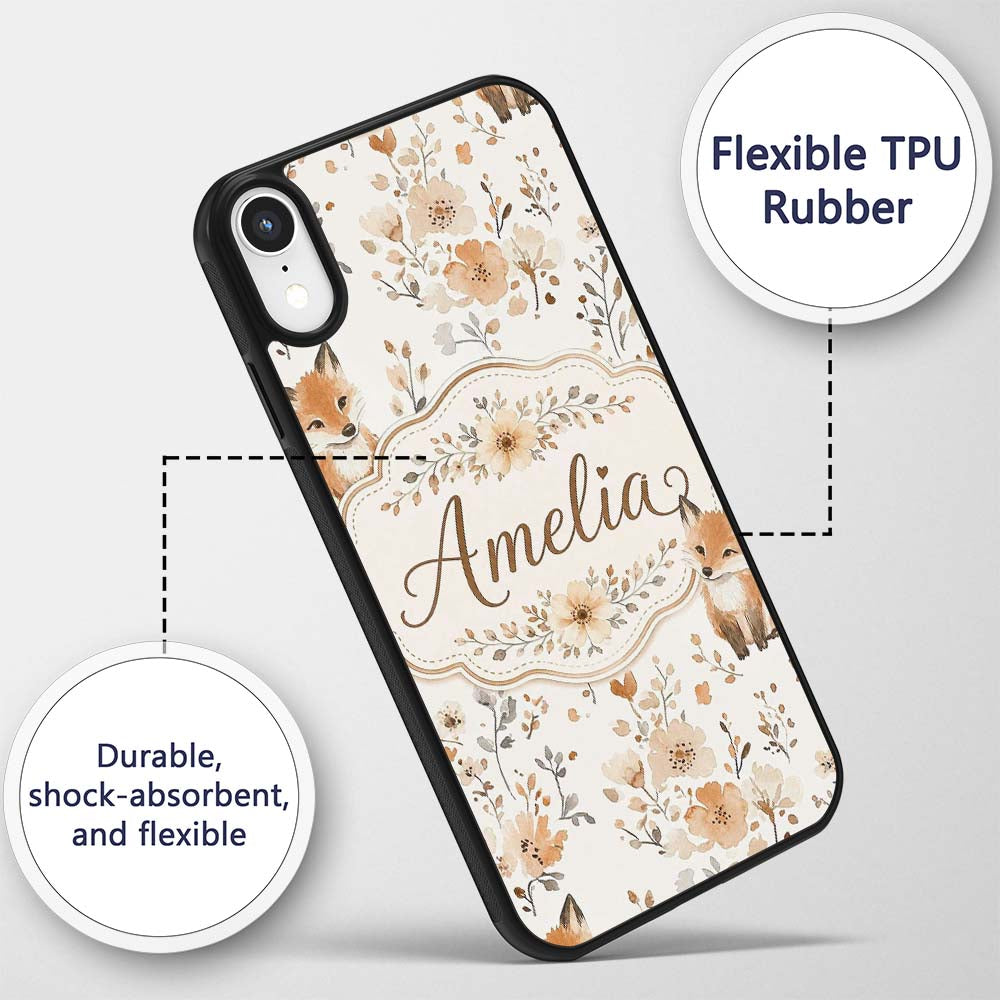 Cute Fox Woodland Floral Seamless Pattern Name Custom Name Protective Phone Case Mobile Cover Durable Everyday Smartphone Shock Resistant