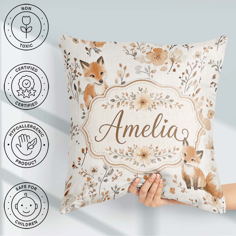 Custom Name Cute Fox Woodland Floral Seamless Pattern Name Gift Square Filled Cushion Throw Pillow Sofa Bed Home Decor Zip Washable UK Made