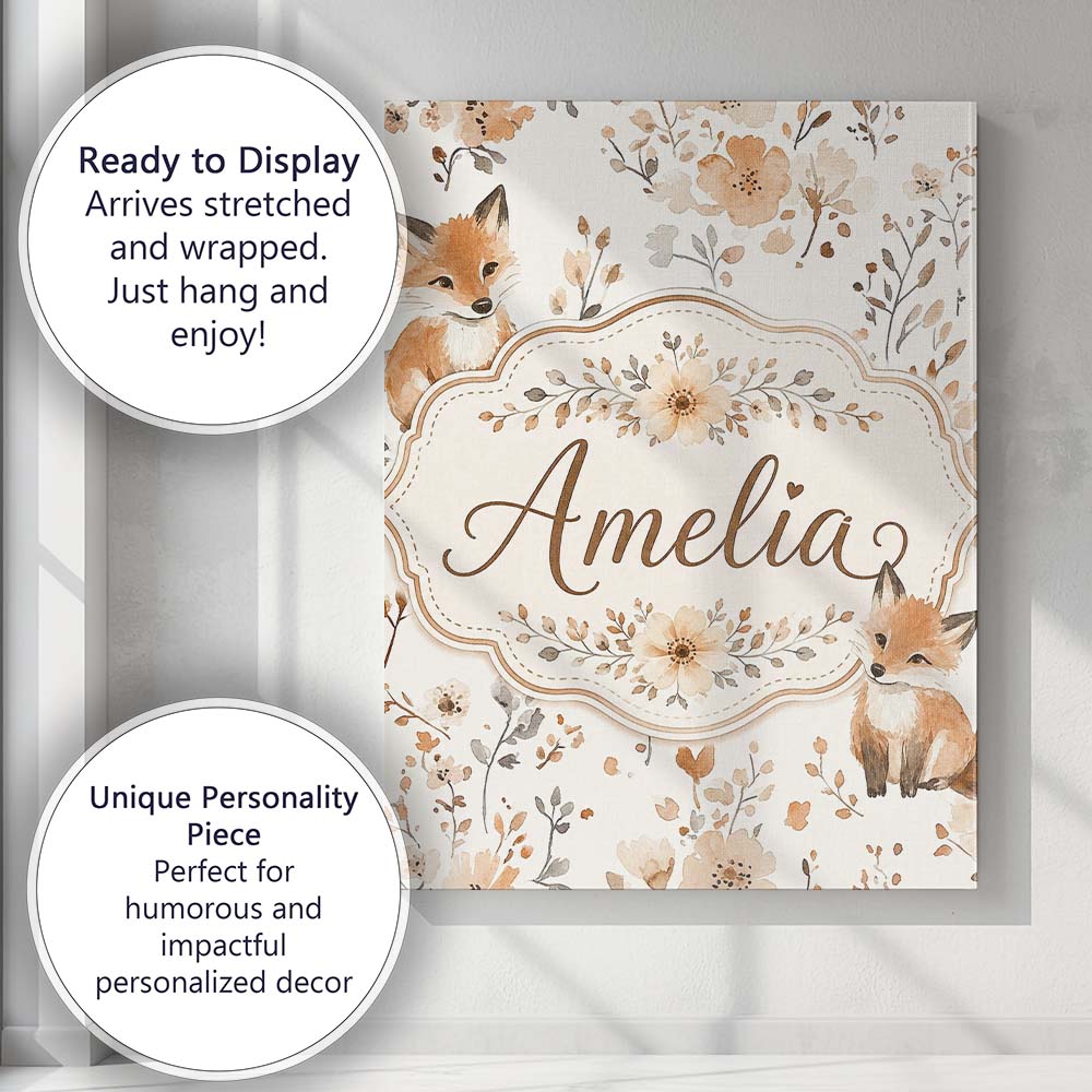 Personalised Name Cute Fox Woodland Floral Custom Unique Gift Idea Elegant Feature Canvas Wall Art Print Decor Picture Ready to Hang