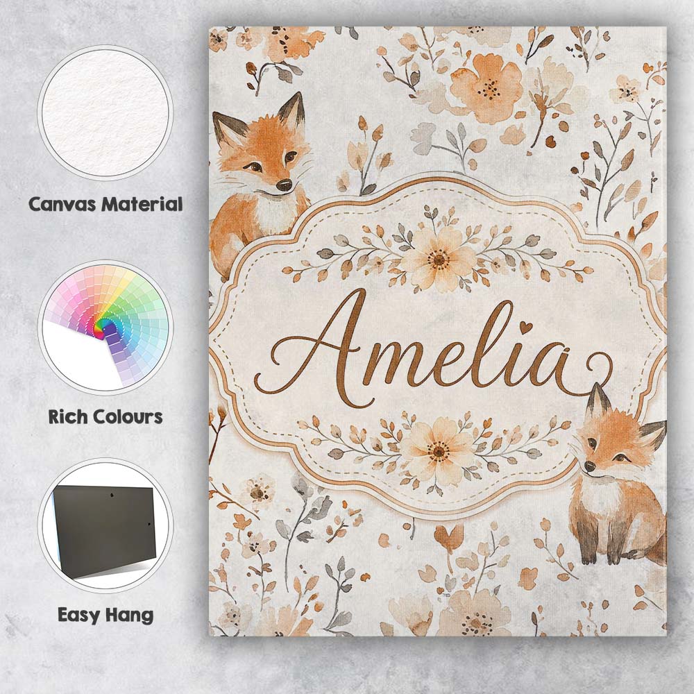 Personalised Name Cute Fox Woodland Floral Custom Unique Gift Idea Elegant Feature Canvas Wall Art Print Decor Picture Ready to Hang