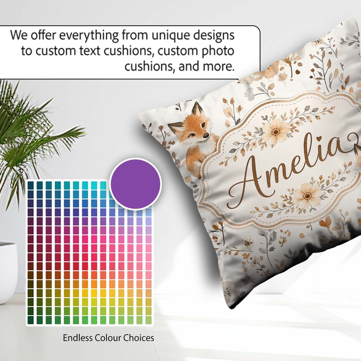 Custom Name Cute Fox Woodland Floral Seamless Pattern Name Gift Square Filled Cushion Throw Pillow Sofa Bed Home Decor Zip Washable UK Made