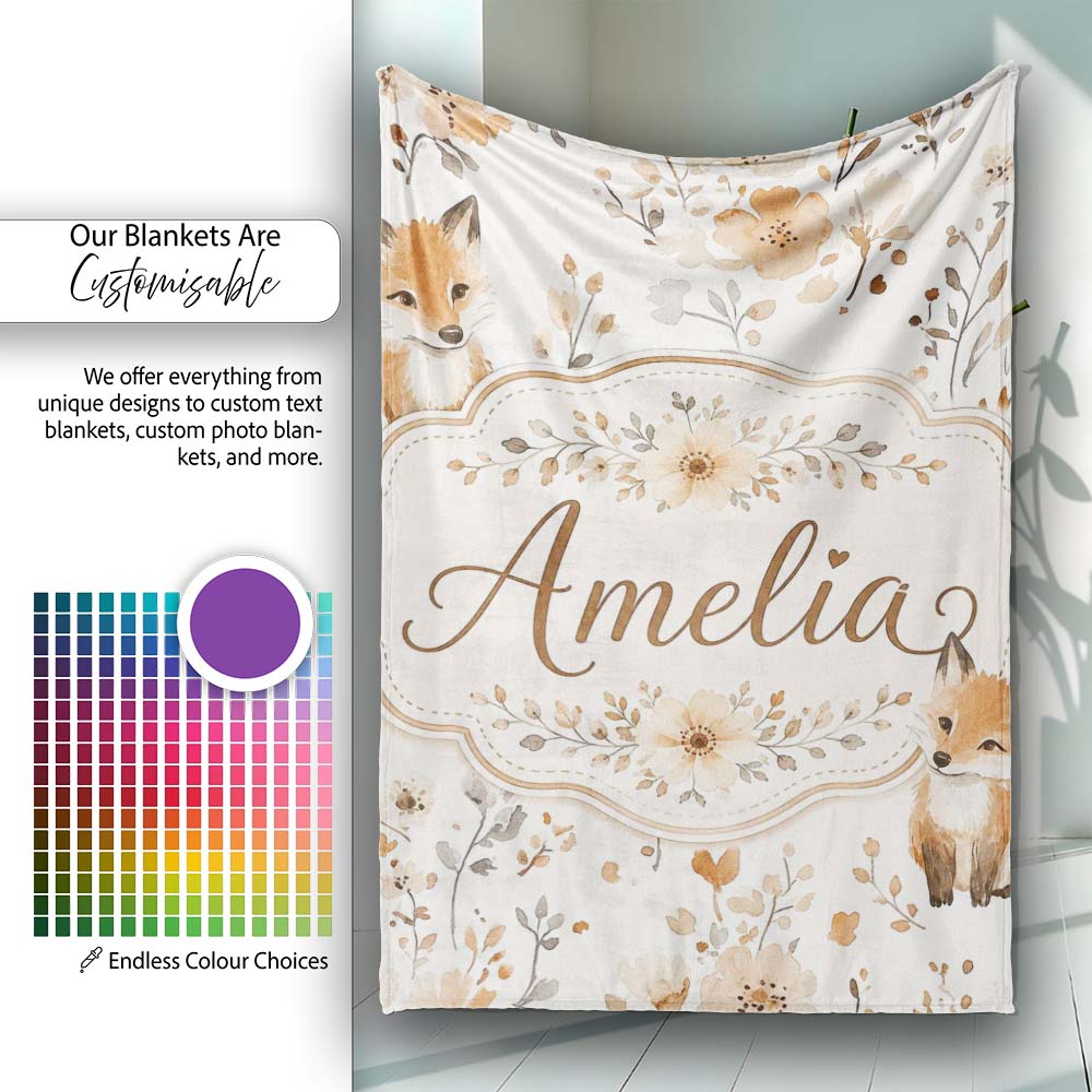 Cute Fox Woodland Floral Seamless Pattern Name Unique Gift Lovely Personalised Custom Name Super Soft Fleece Blanket Bed Sofa Throw