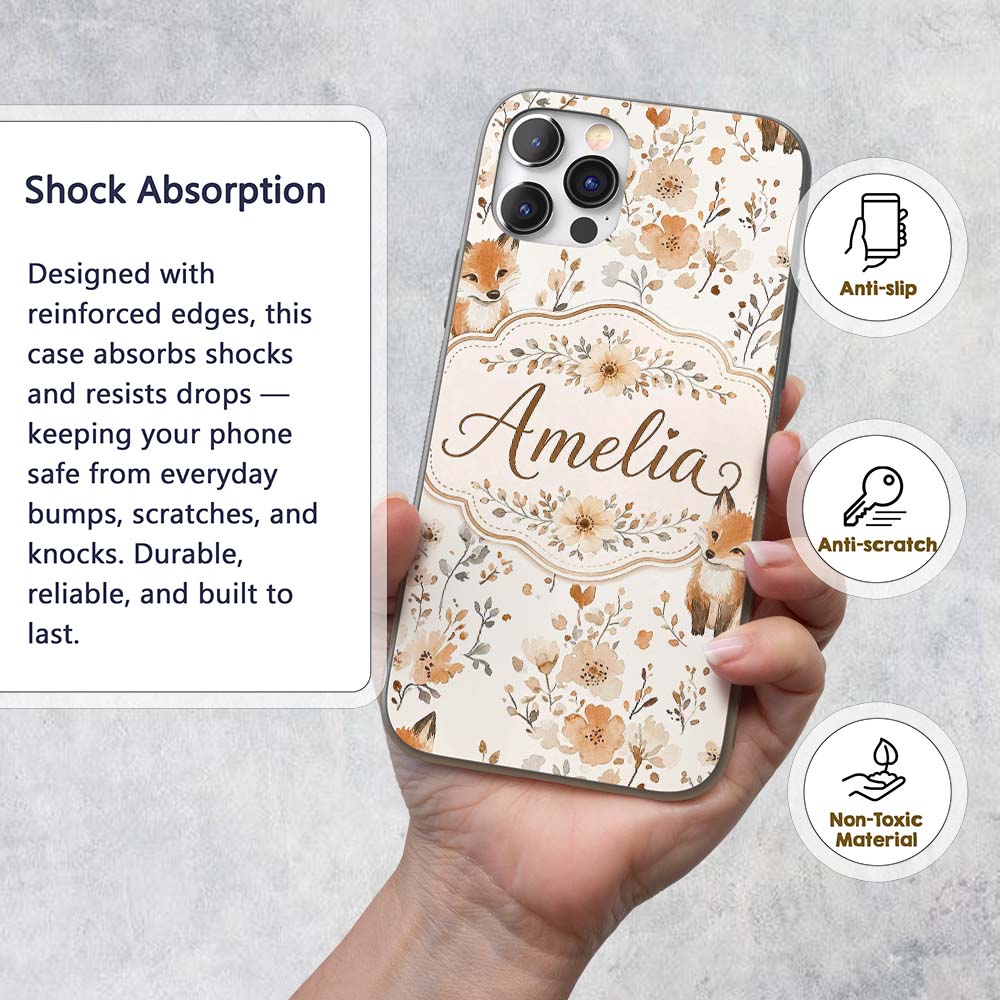 Cute Fox Woodland Floral Seamless Pattern Name Custom Name Protective Phone Case Mobile Cover Durable Everyday Smartphone Shock Resistant