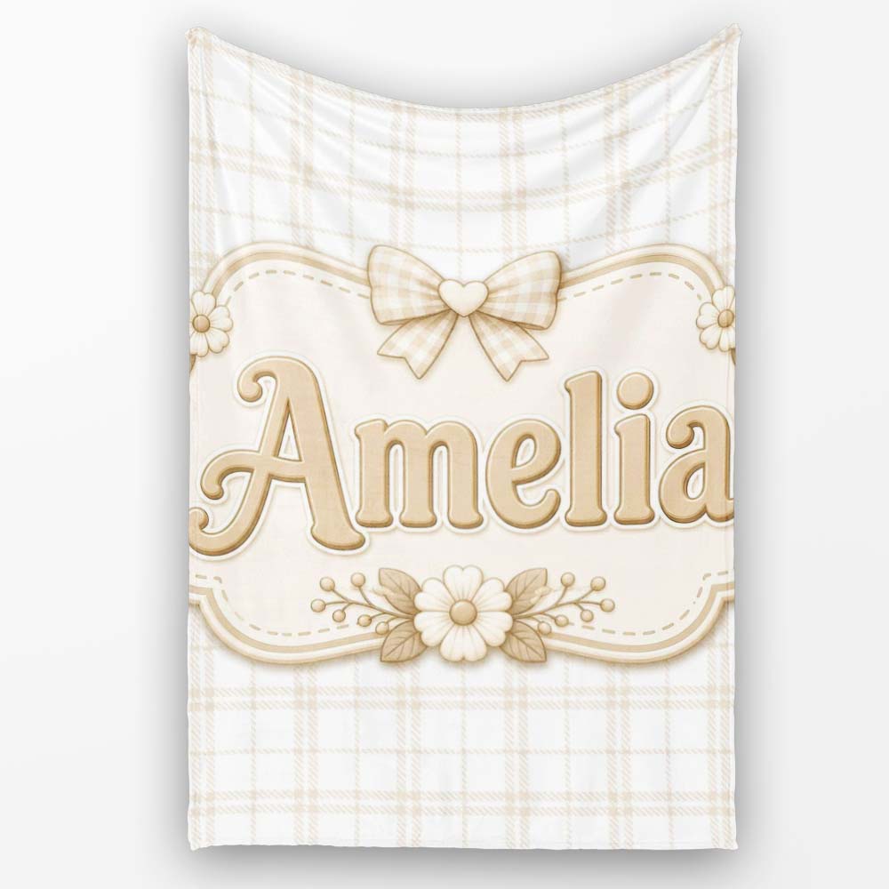 Beige Plaid Check Seamless Pattern on Soft White Background Lovely Personalised Custom Name Super Soft Fleece Blanket Bed Sofa Throw