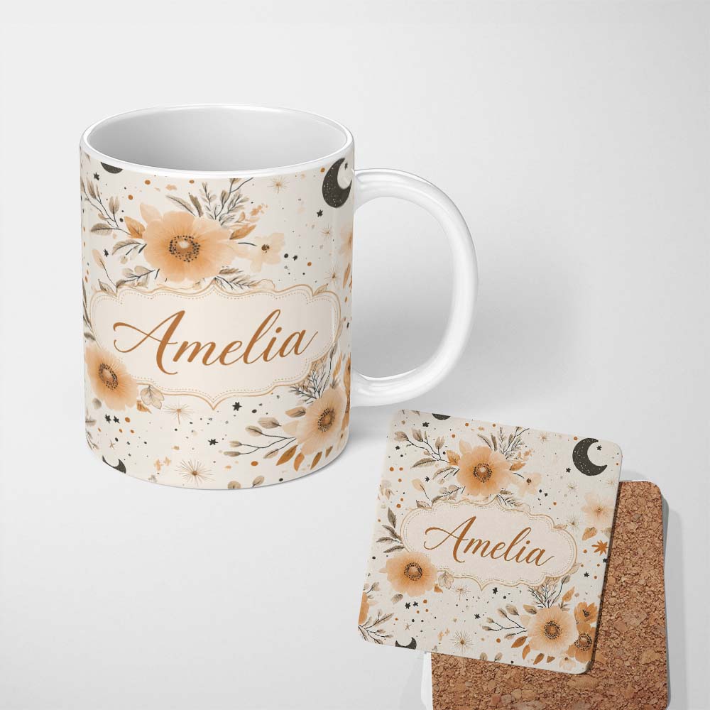 Personalized Custom Name Boho Floral Moon Stars Neutral Seamless Pattern Name Cute Unique 11oz Ceramic Coffee Tea Mug White Large Handle