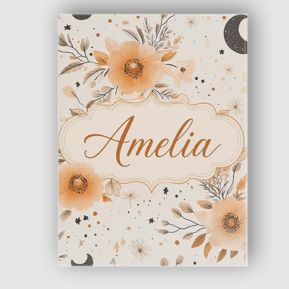 Personalised Name Boho Floral Moon Stars Custom Unique Gift Idea Elegant Feature Canvas Wall Art Print Decor Picture Ready to Hang