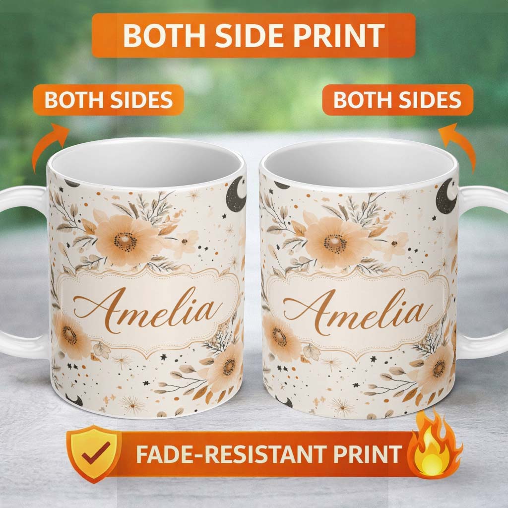 Personalized Custom Name Boho Floral Moon Stars Neutral Seamless Pattern Name Cute Unique 11oz Ceramic Coffee Tea Mug White Large Handle