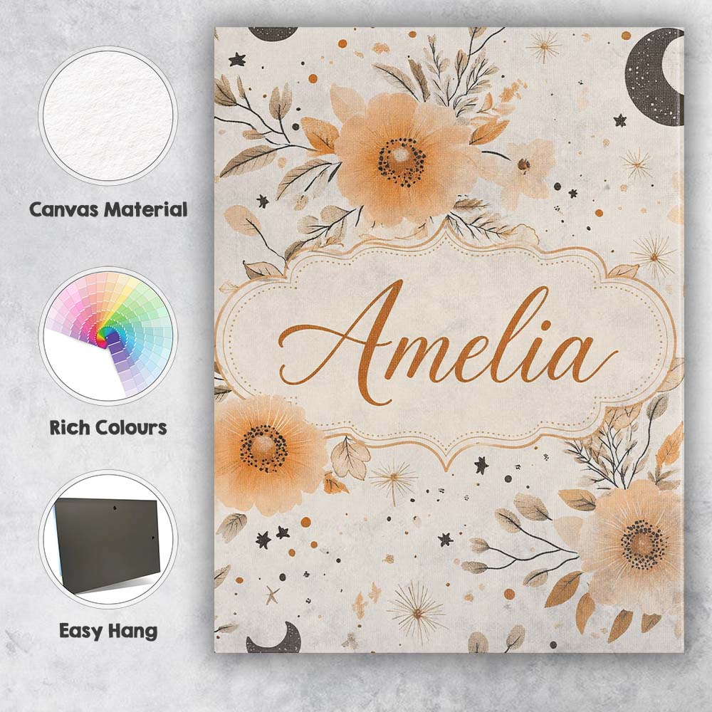 Personalised Name Boho Floral Moon Stars Custom Unique Gift Idea Elegant Feature Canvas Wall Art Print Decor Picture Ready to Hang