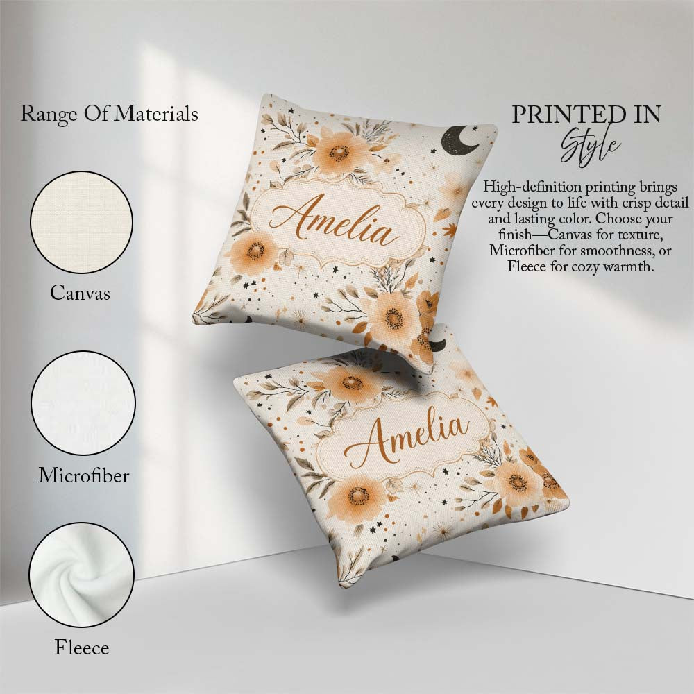 Custom Name Boho Floral Moon Stars Neutral Seamless Pattern Name Square Filled Cushion Throw Pillow Sofa Bed Home Decor Zip Washable UK Made