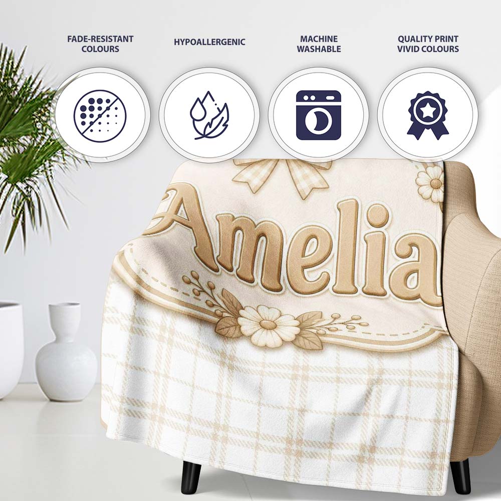 Beige Plaid Check Seamless Pattern on Soft White Background Lovely Personalised Custom Name Super Soft Fleece Blanket Bed Sofa Throw