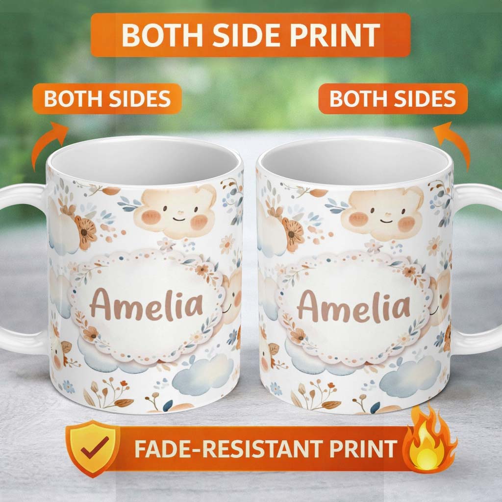 Personalized Custom Name Cute Smiling Clouds Pastel Floral Seamless Pattern Custom Name 11oz Ceramic Coffee Tea Mug White Large Handle