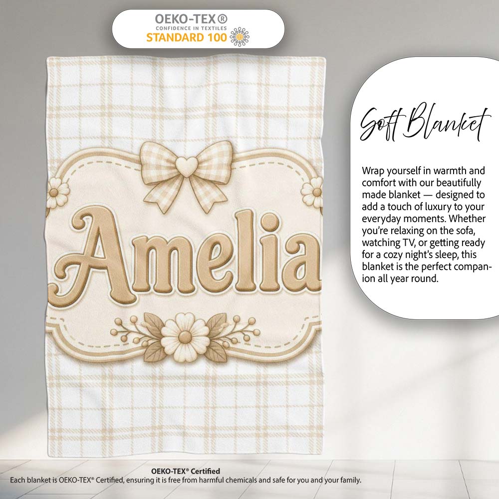 Beige Plaid Check Seamless Pattern on Soft White Background Lovely Personalised Custom Name Super Soft Fleece Blanket Bed Sofa Throw