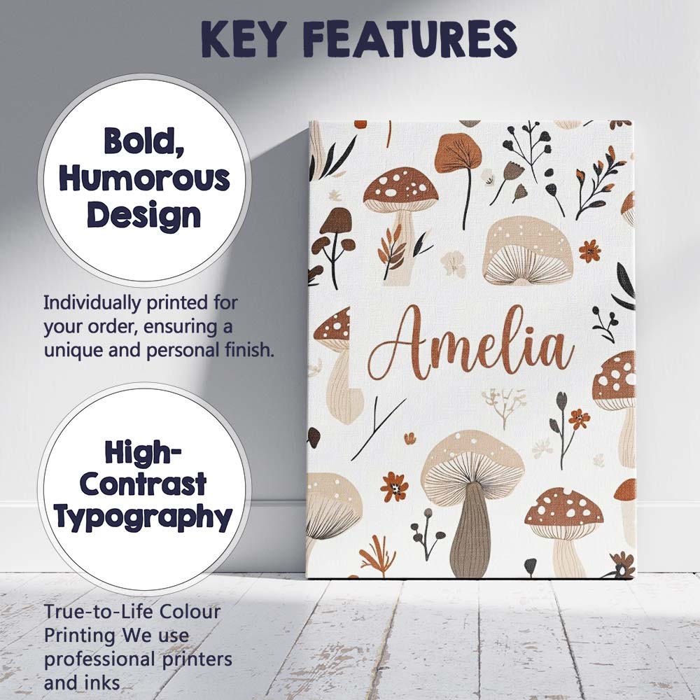 Personalised Name Neutral Mushroom Botanical Custom Bespoke Contemporary Display Canvas Wall Art Print Decor Picture Ready to Hang