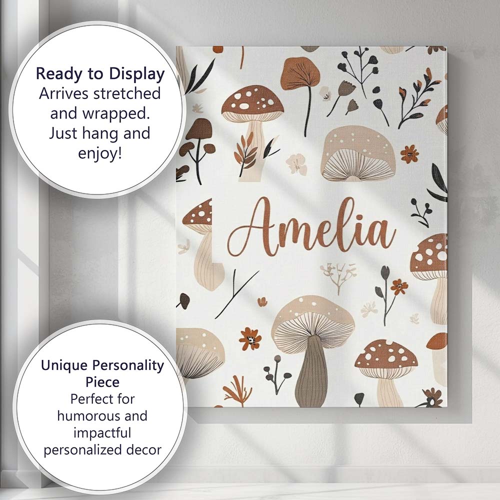 Personalised Name Neutral Mushroom Botanical Custom Bespoke Contemporary Display Canvas Wall Art Print Decor Picture Ready to Hang