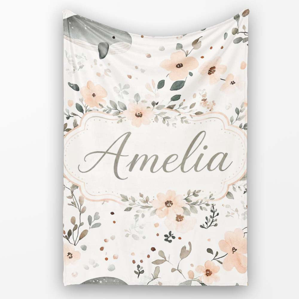Cute Baby Whale Floral Soft Neutral Seamless Pattern Name Unique Personalised Custom Name Super Soft Fleece Blanket Bed Sofa Throw