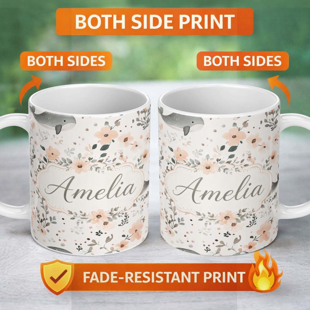 Personalized Custom Name Cute Baby Whale Floral Soft Neutral Seamless Pattern Name Unique 11oz Ceramic Coffee Tea Mug White Large Handle