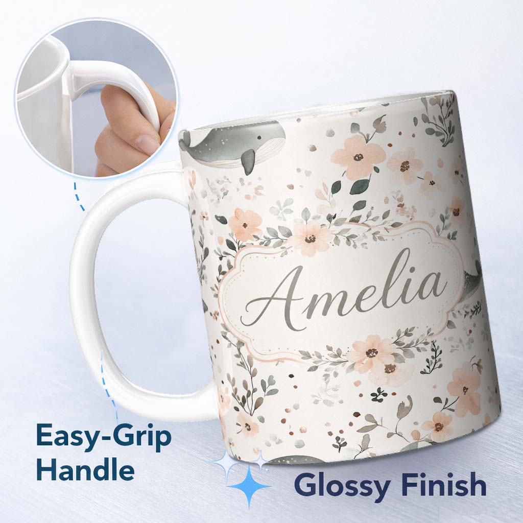 Personalized Custom Name Cute Baby Whale Floral Soft Neutral Seamless Pattern Name Unique 11oz Ceramic Coffee Tea Mug White Large Handle