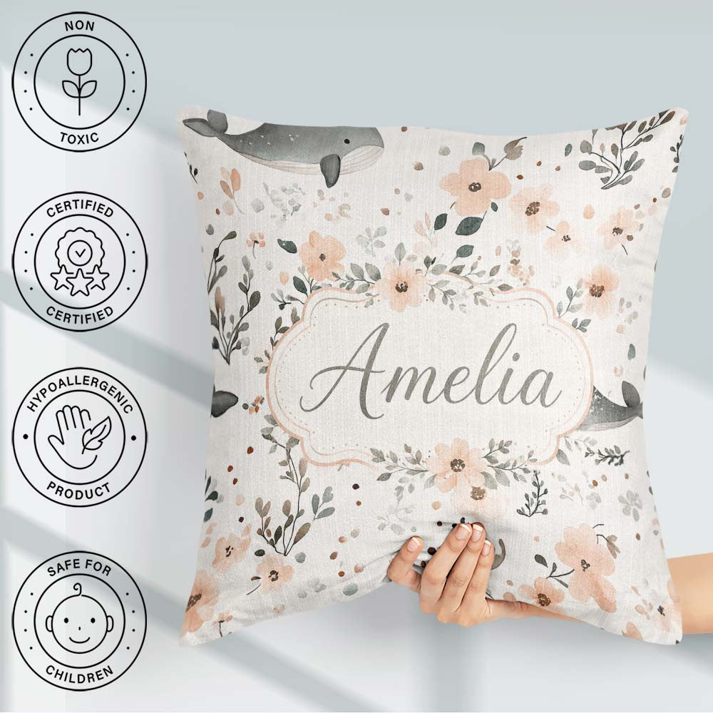 Custom Name Baby Whale Floral Soft Neutral Seamless Pattern Name Square Filled Cushion Throw Pillow Sofa Bed Home Decor Zip Washable UK Made