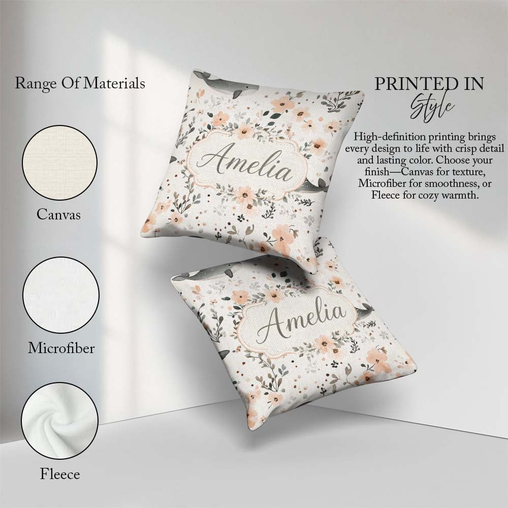 Custom Name Baby Whale Floral Soft Neutral Seamless Pattern Name Square Filled Cushion Throw Pillow Sofa Bed Home Decor Zip Washable UK Made