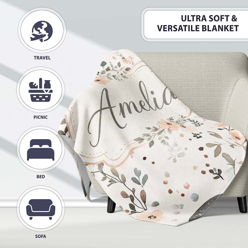Cute Baby Whale Floral Soft Neutral Seamless Pattern Name Unique Personalised Custom Name Super Soft Fleece Blanket Bed Sofa Throw