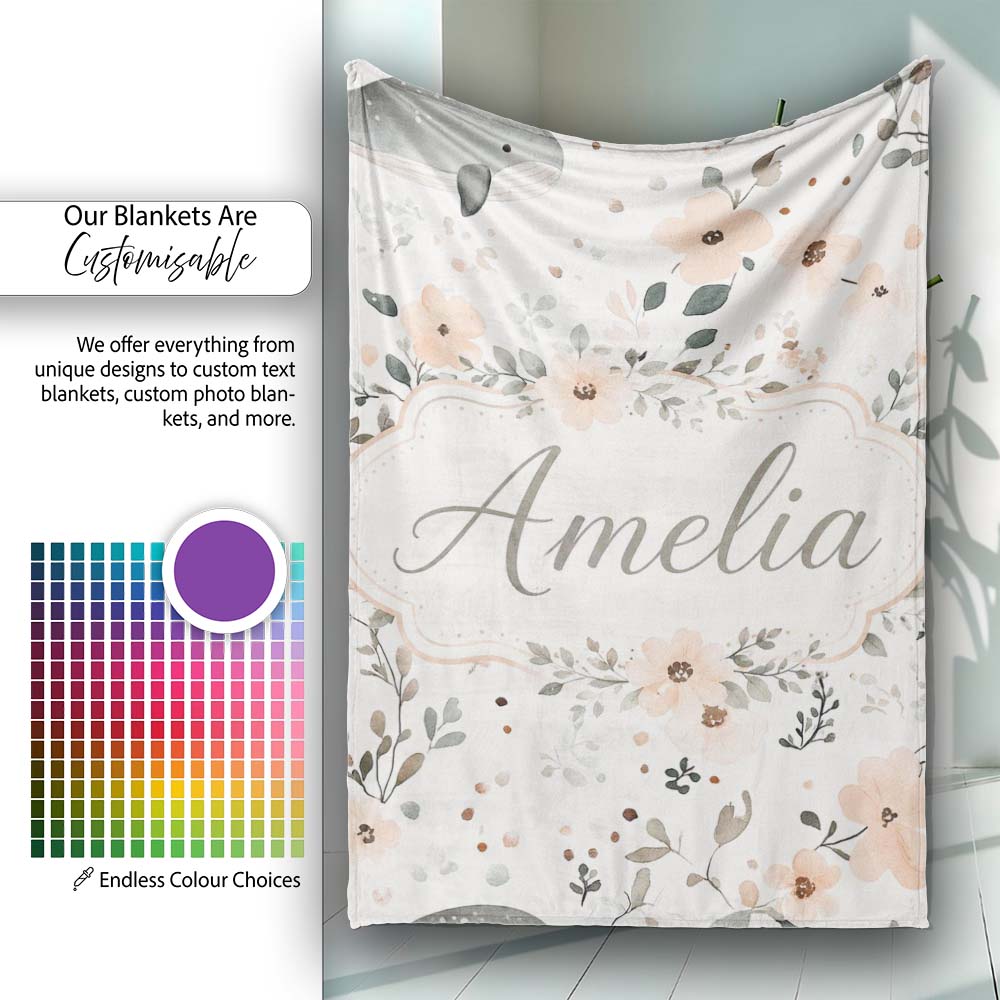 Cute Baby Whale Floral Soft Neutral Seamless Pattern Name Unique Personalised Custom Name Super Soft Fleece Blanket Bed Sofa Throw