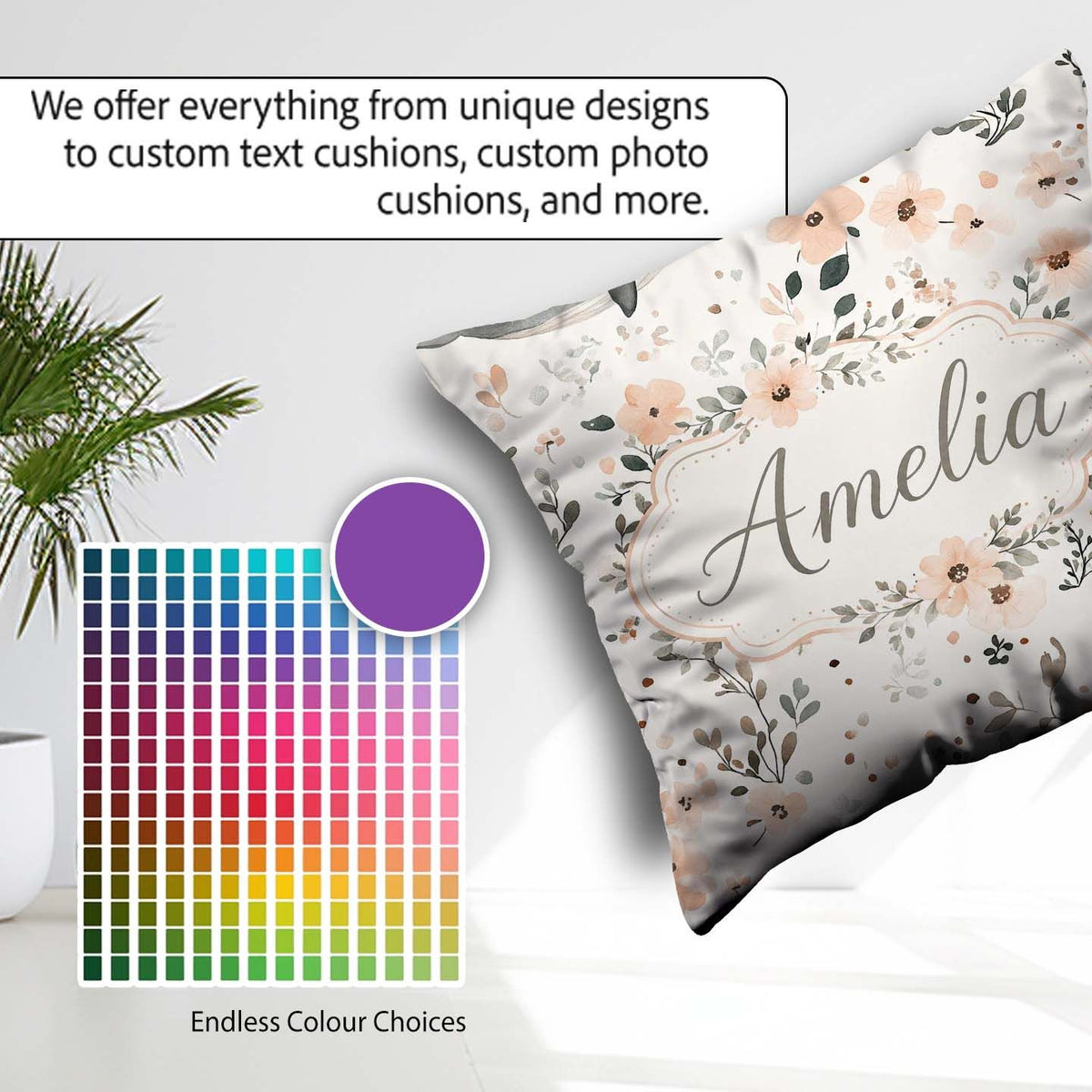 Custom Name Baby Whale Floral Soft Neutral Seamless Pattern Name Square Filled Cushion Throw Pillow Sofa Bed Home Decor Zip Washable UK Made