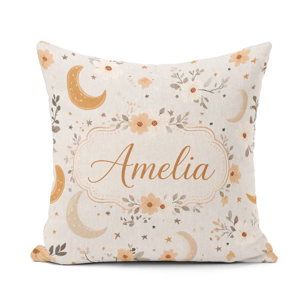 Custom Name Boho Moon Stars Floral Dreamy Seamless Pattern Name Square Filled Cushion Throw Pillow Sofa Bed Home Decor Zip Washable UK Made
