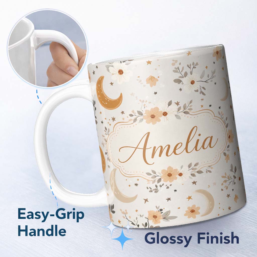 Personalized Custom Name Boho Moon Stars Floral Dreamy Seamless Pattern Name Cute Unique Gift 11oz Ceramic Coffee Tea Mug White Large Handle
