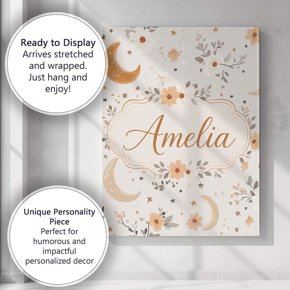 Personalised Name Boho Moon Stars Floral Custom Unique Gift Idea Elegant Feature Canvas Wall Art Print Decor Picture Ready to Hang