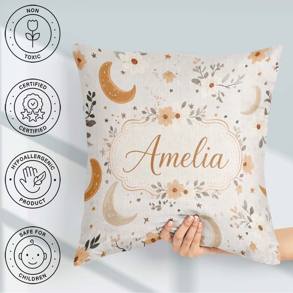 Custom Name Boho Moon Stars Floral Dreamy Seamless Pattern Name Square Filled Cushion Throw Pillow Sofa Bed Home Decor Zip Washable UK Made