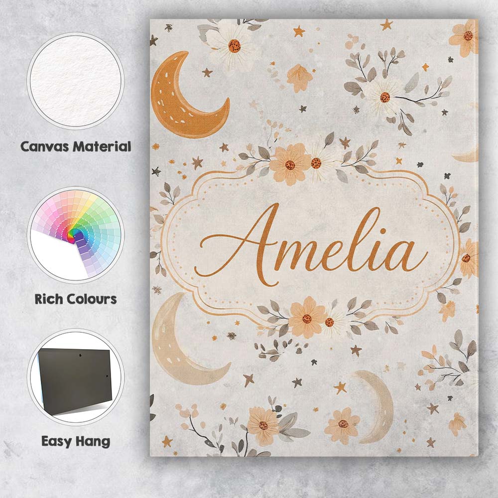 Personalised Name Boho Moon Stars Floral Custom Unique Gift Idea Elegant Feature Canvas Wall Art Print Decor Picture Ready to Hang