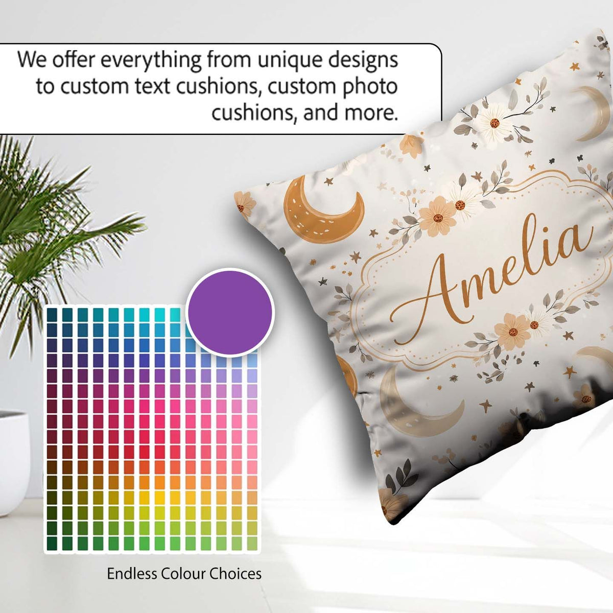 Custom Name Boho Moon Stars Floral Dreamy Seamless Pattern Name Square Filled Cushion Throw Pillow Sofa Bed Home Decor Zip Washable UK Made