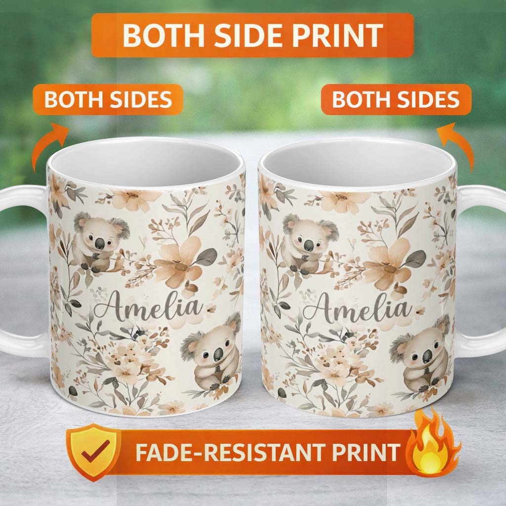 Personalized Custom Name Cute Koala Floral Nursery Soft Neutral Seamless Pattern Name Unique 11oz Ceramic Coffee Tea Mug White Large Handle