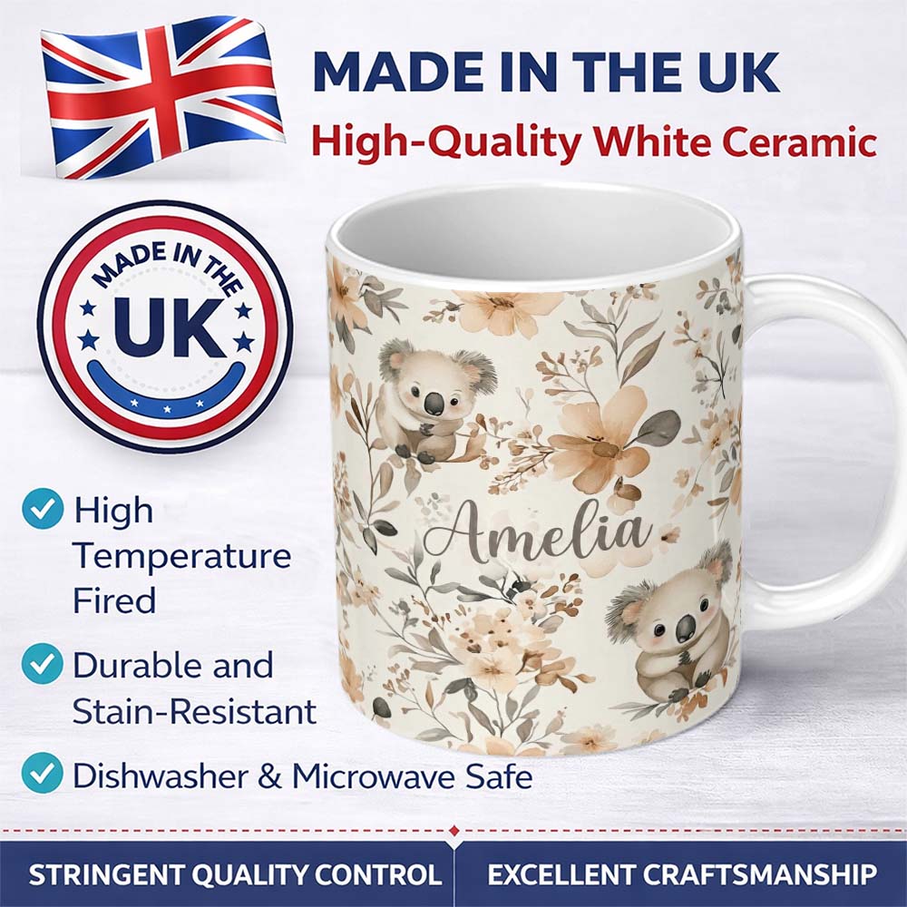 Personalized Custom Name Cute Koala Floral Nursery Soft Neutral Seamless Pattern Name Unique 11oz Ceramic Coffee Tea Mug White Large Handle