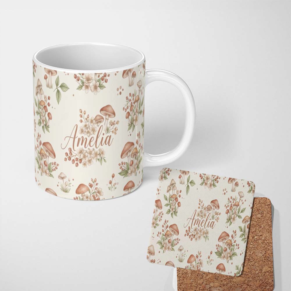 Personalized Custom Name Boho Hot Air Balloon Floral Neutral Seamless Pattern Name Cute 11oz Ceramic Coffee Tea Mug White Large Handle
