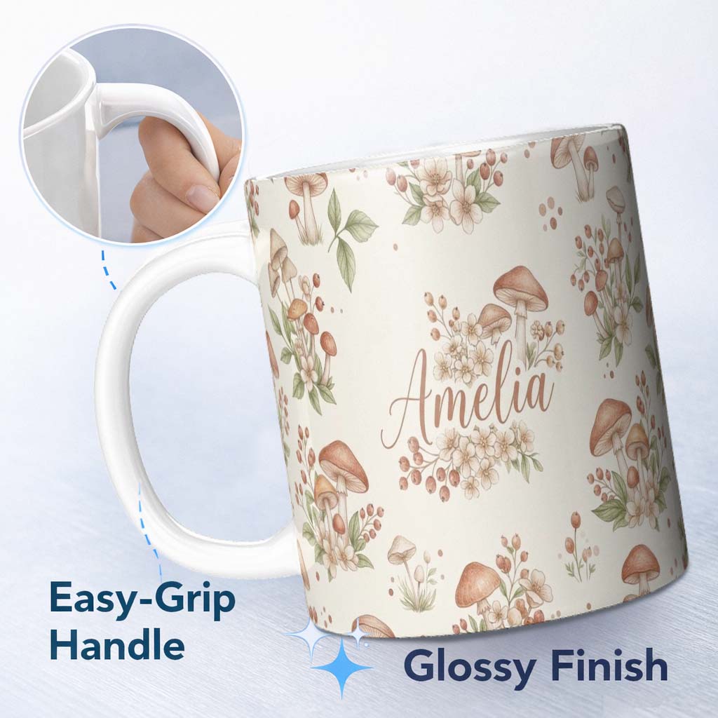 Personalized Custom Name Boho Hot Air Balloon Floral Neutral Seamless Pattern Name Cute 11oz Ceramic Coffee Tea Mug White Large Handle