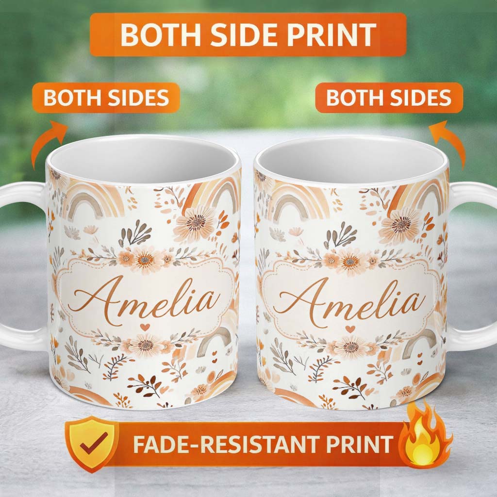 Personalized Custom Name Boho Rainbow Floral Neutral Seamless Pattern Name Cute Unique Gift 11oz Ceramic Coffee Tea Mug White Large Handle