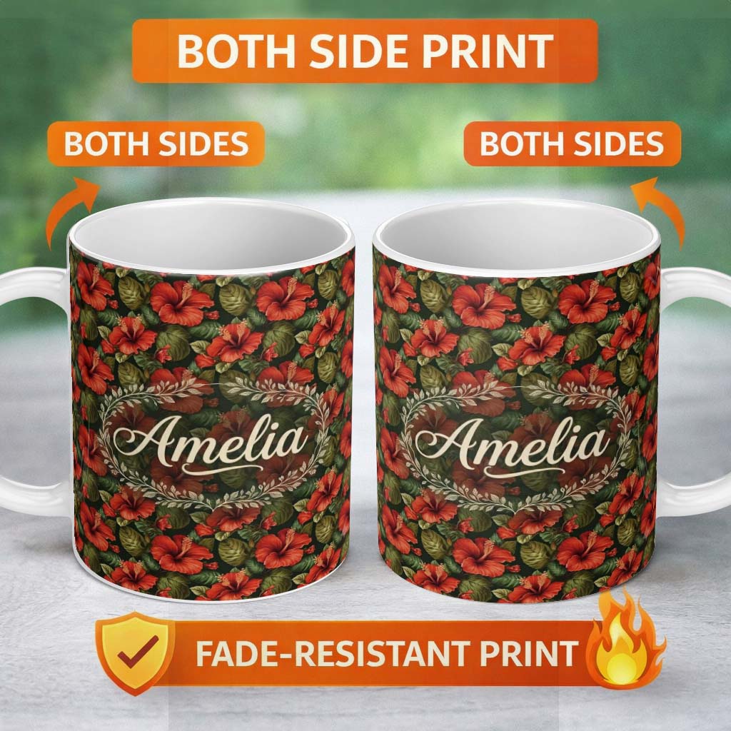 Personalized Custom Name Tropical Red Hibiscus Dark Botanical Seamless Pattern Name Cute 11oz Ceramic Coffee Tea Mug White Large Handle