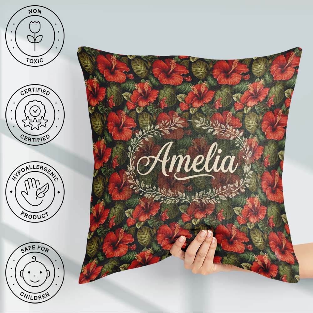 Custom Name Tropical Red Hibiscus Dark Botanical Seamless Name Square Filled Cushion Throw Pillow Sofa Bed Home Decor Zip Washable UK Made
